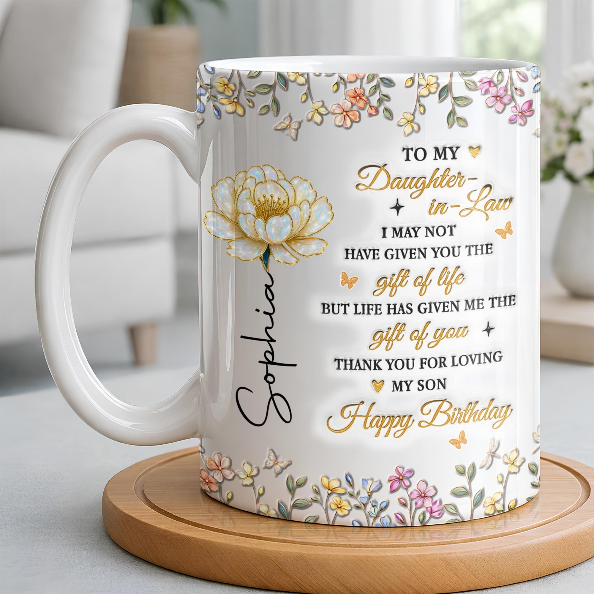 Personalized Coffee Mug Custom Floral Design Gift for Daughter-in-Law