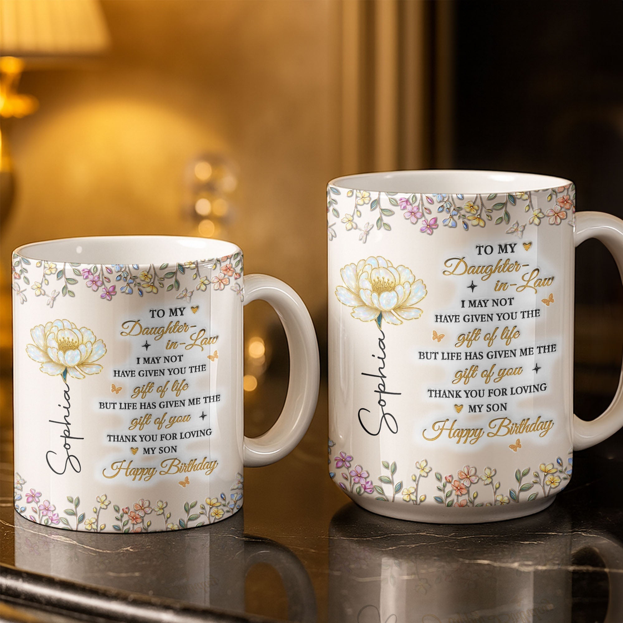 Personalized Coffee Mug Custom Floral Design Gift for Daughter-in-Law