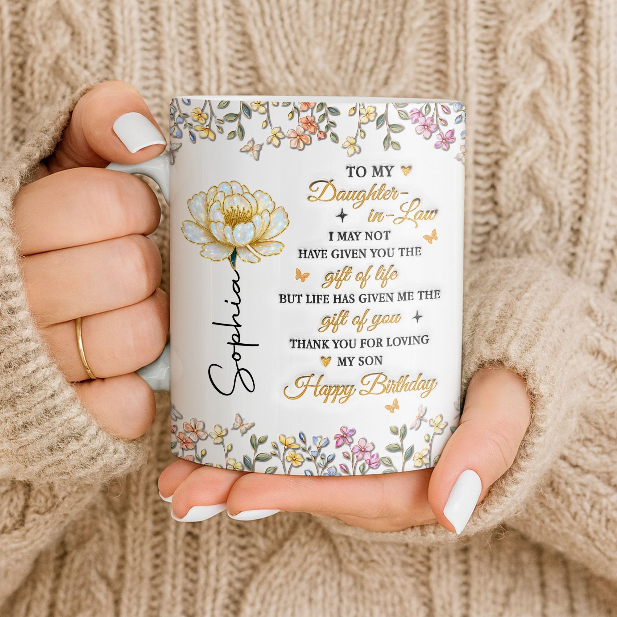 Personalized Coffee Mug Custom Floral Design Gift for Daughter-in-Law