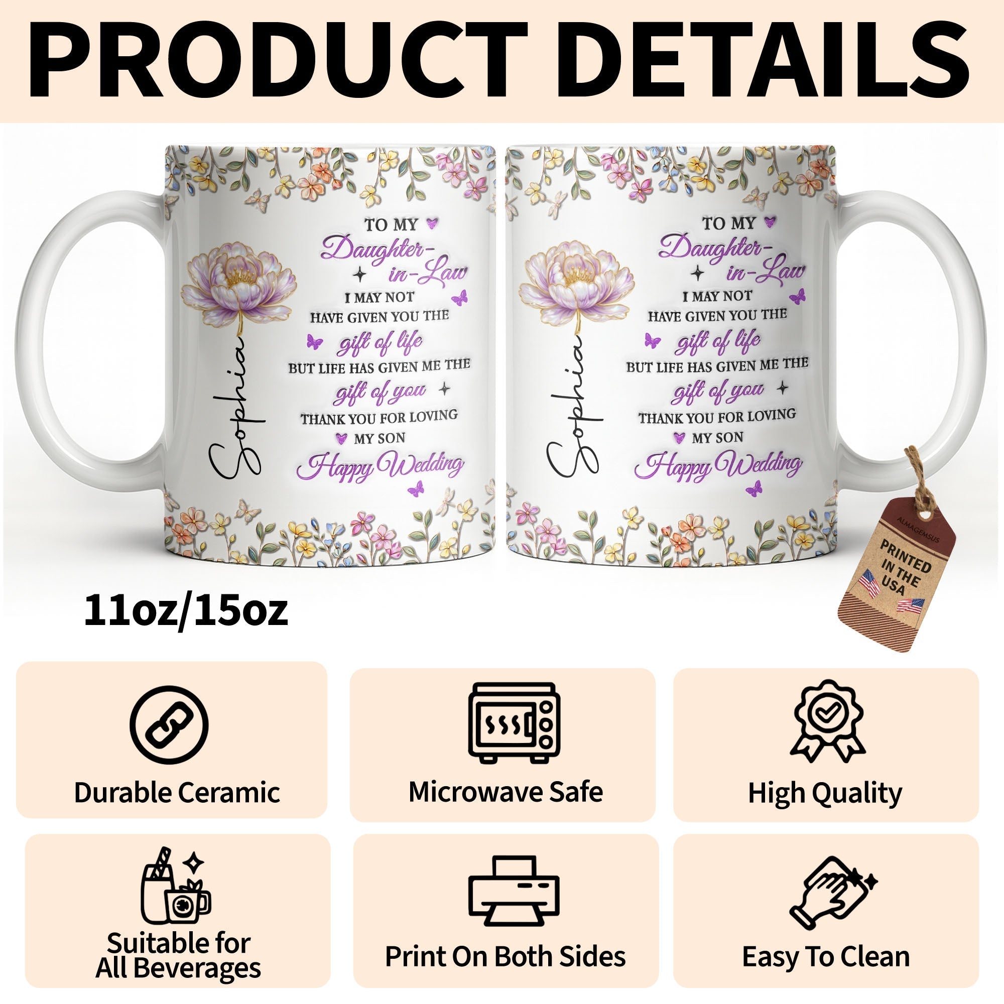 Personalized Floral Coffee Mug Custom Gift for Daughter-in-Law