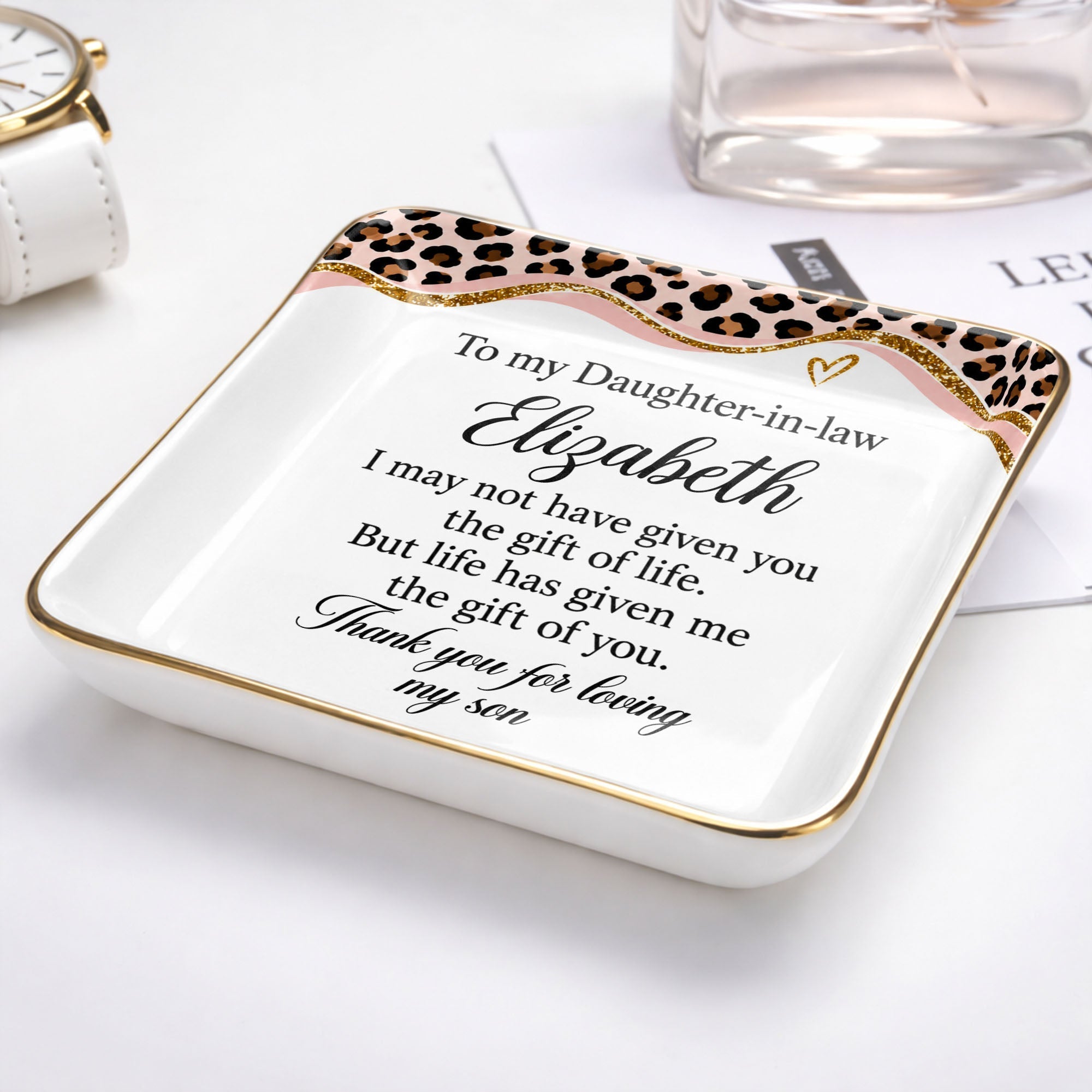 Personalized Leopard Pattern Jewelry Dish Gift for Daughter-in-Law