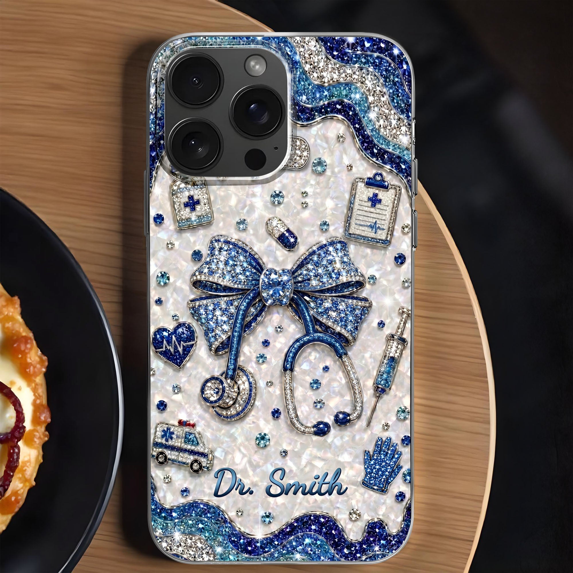 Personalized Clear Phone Case for Doctor with Blue Bow & 3D Icons