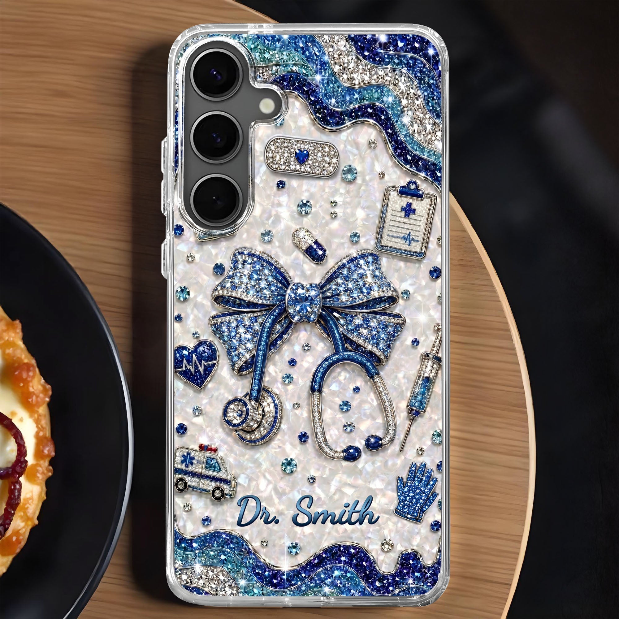Personalized Clear Phone Case for Doctor with Blue Bow & 3D Icons