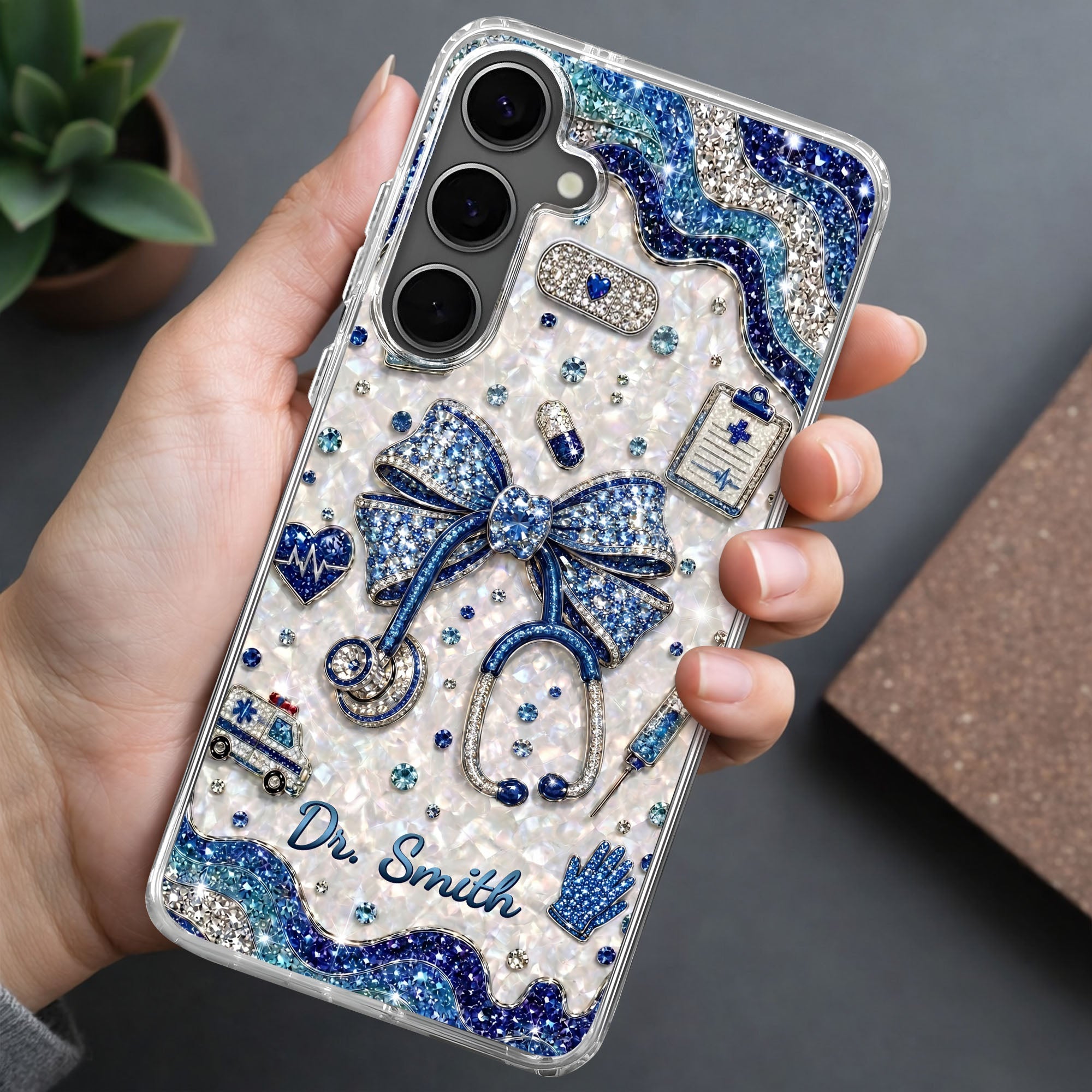 Personalized Clear Phone Case for Doctor with Blue Bow & 3D Icons