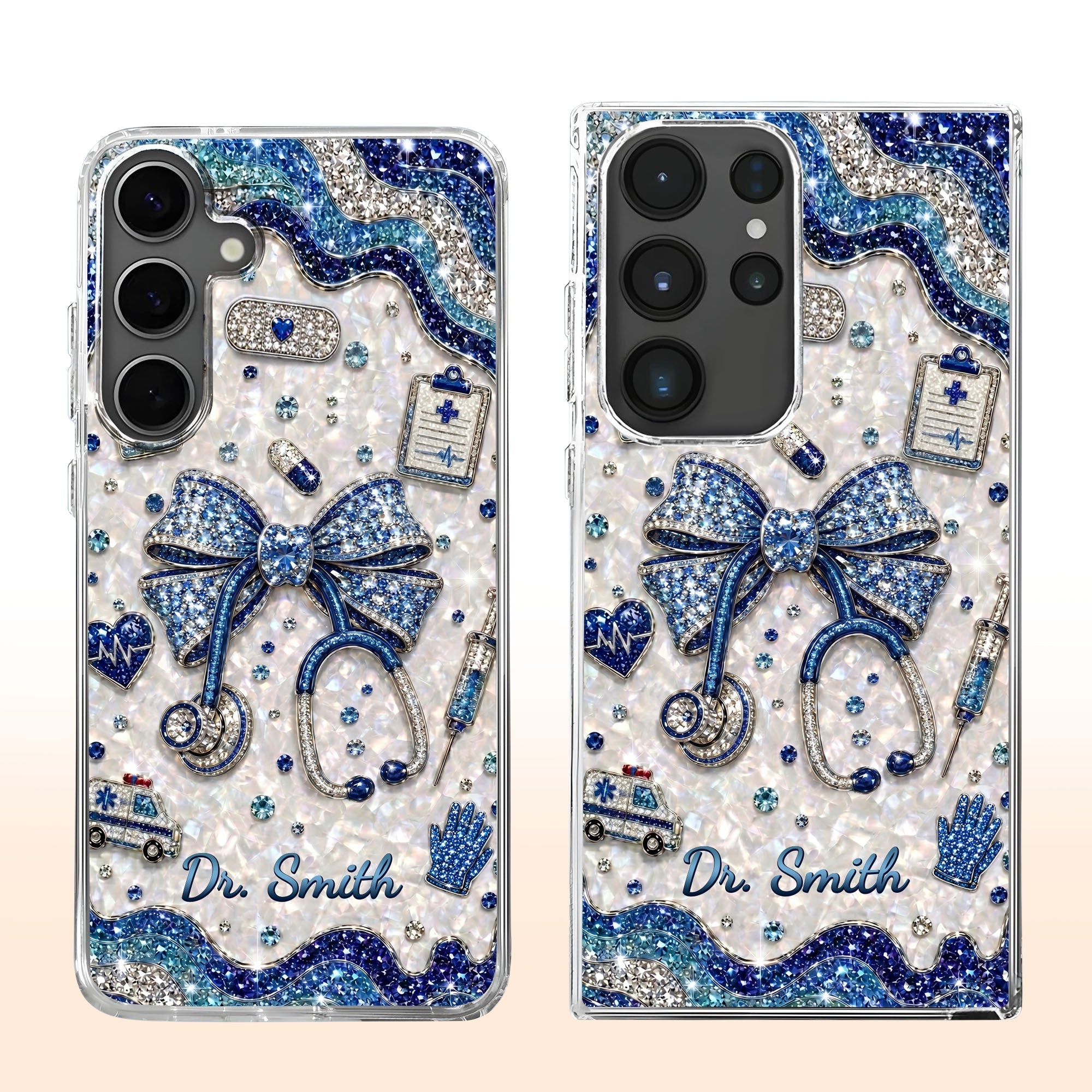 Personalized Clear Phone Case for Doctor with Blue Bow & 3D Icons