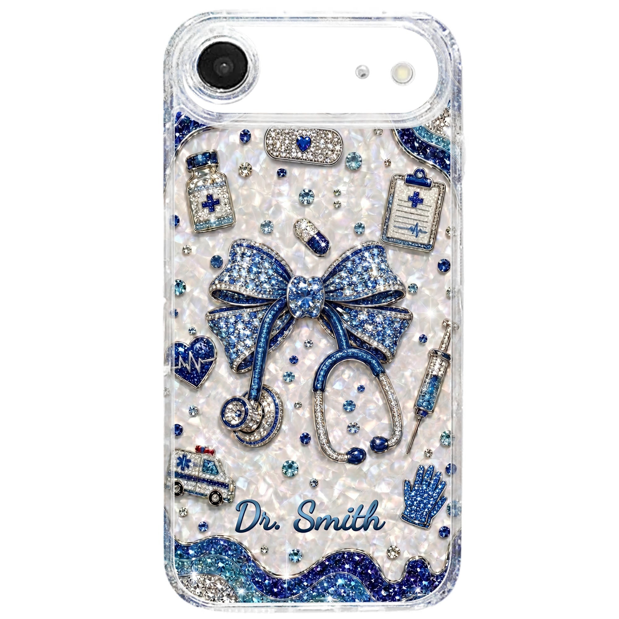 Personalized Clear Phone Case for Doctor with Blue Bow & 3D Icons