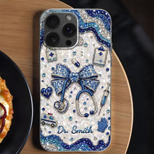 Load image into Gallery viewer, Personalized Clear Phone Case for Doctor with Blue Bow &amp; 3D Icons
