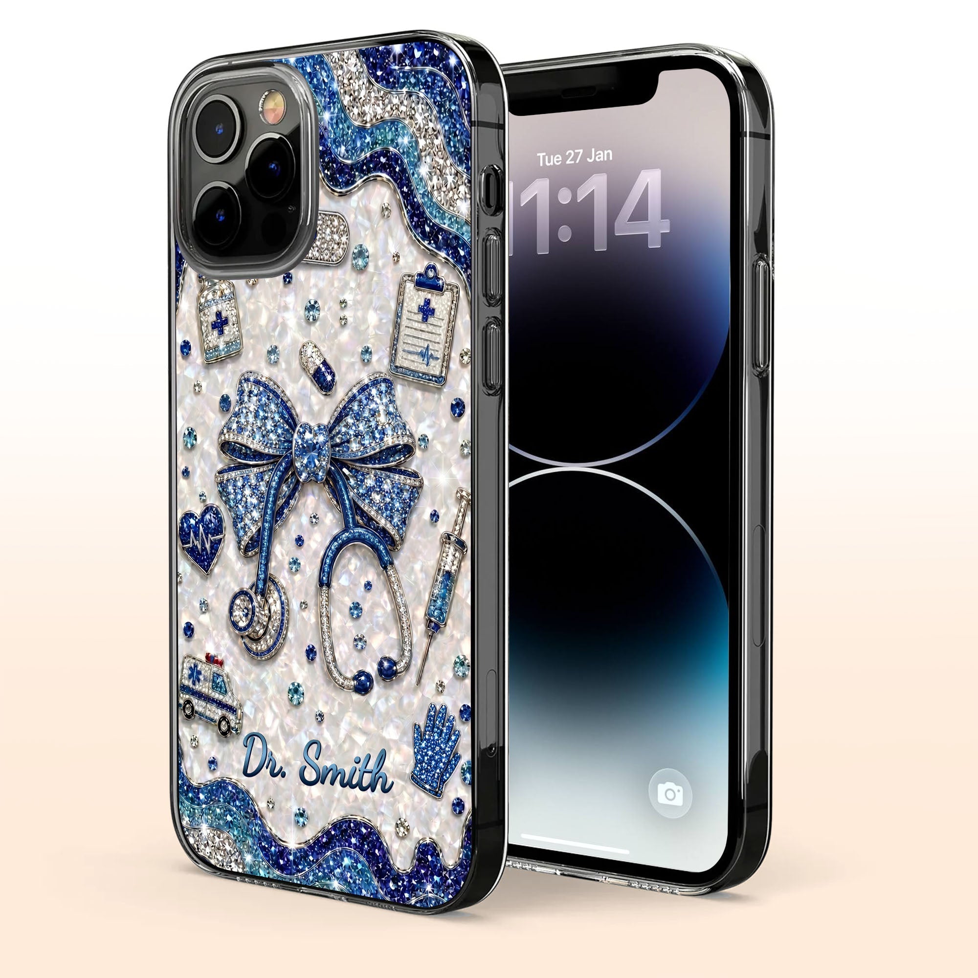 Personalized Clear Phone Case for Doctor with Blue Bow & 3D Icons