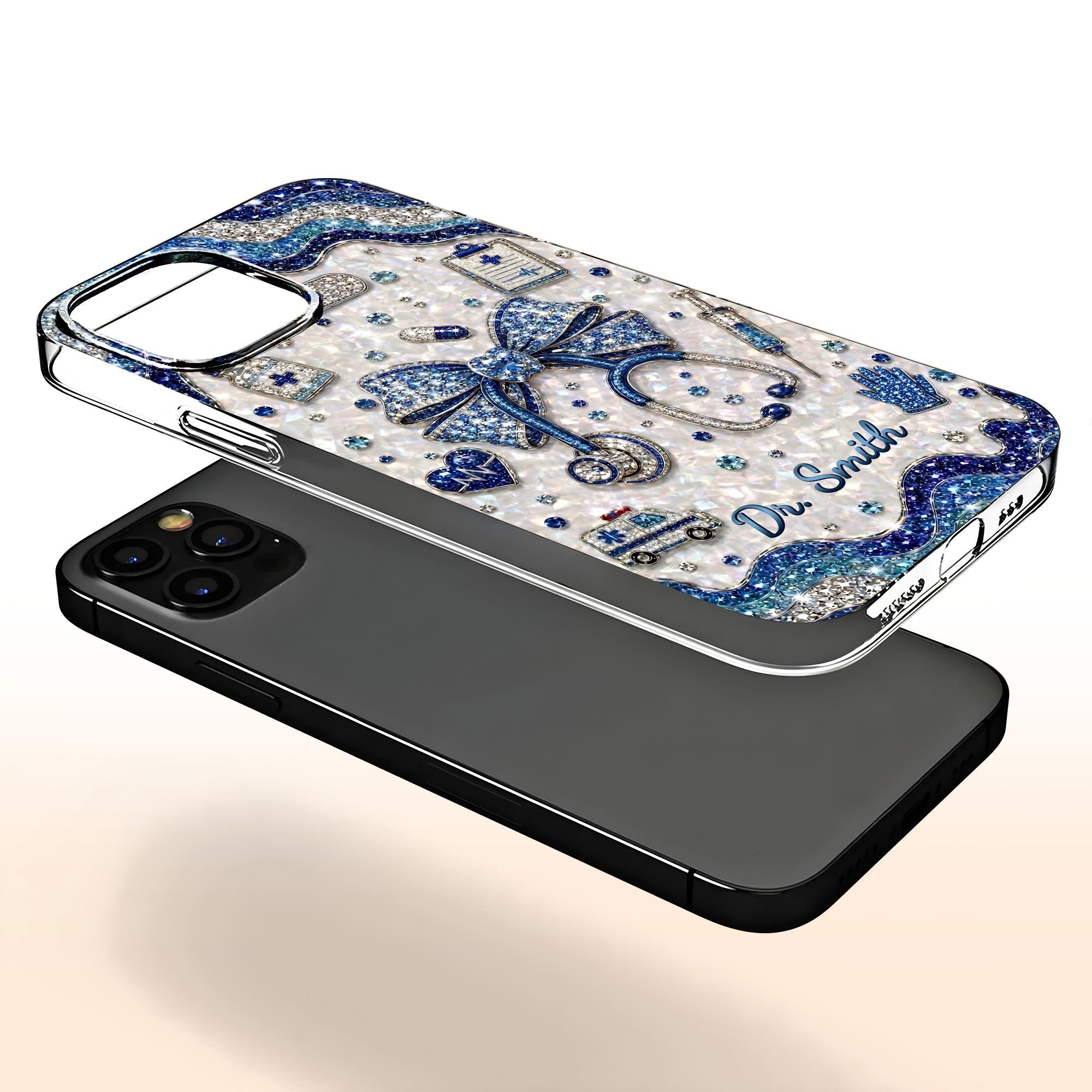 Personalized Clear Phone Case for Doctor with Blue Bow & 3D Icons