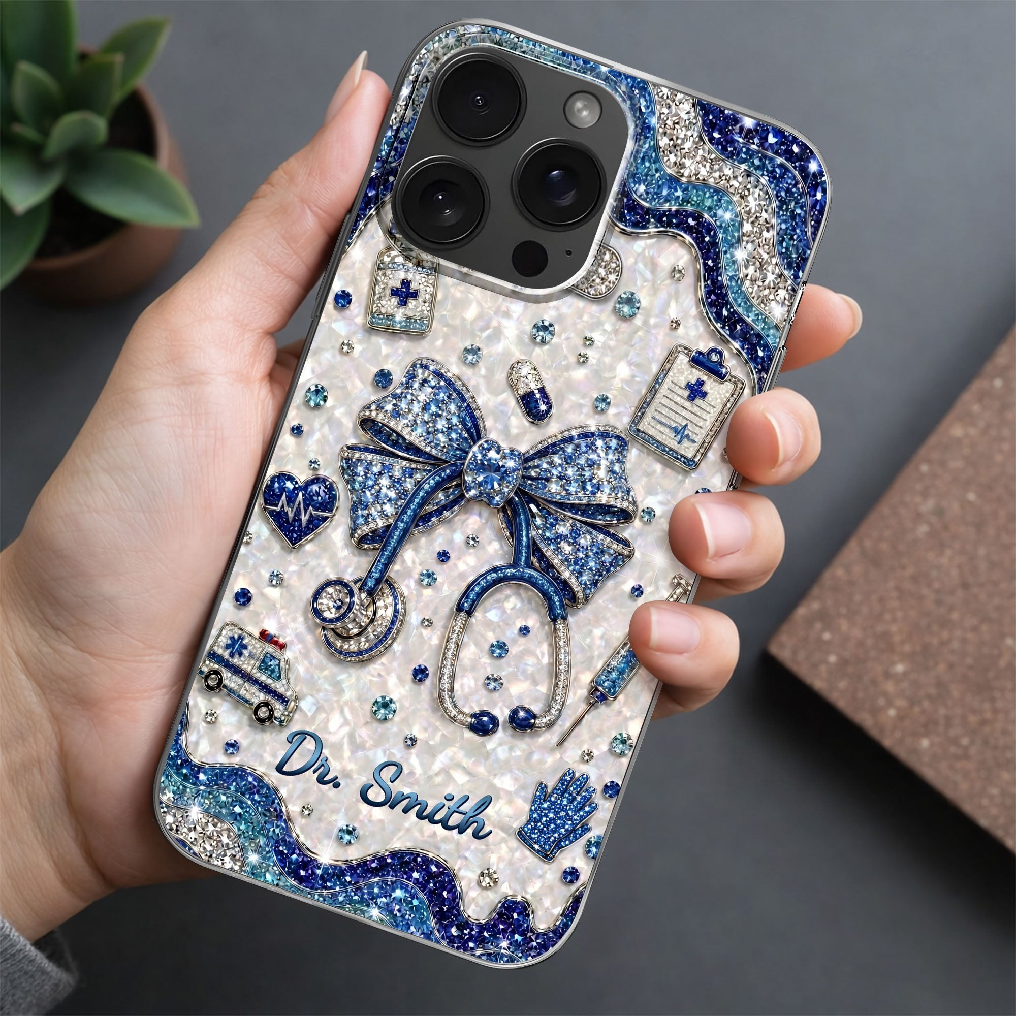 Personalized Clear Phone Case for Doctor with Blue Bow & 3D Icons