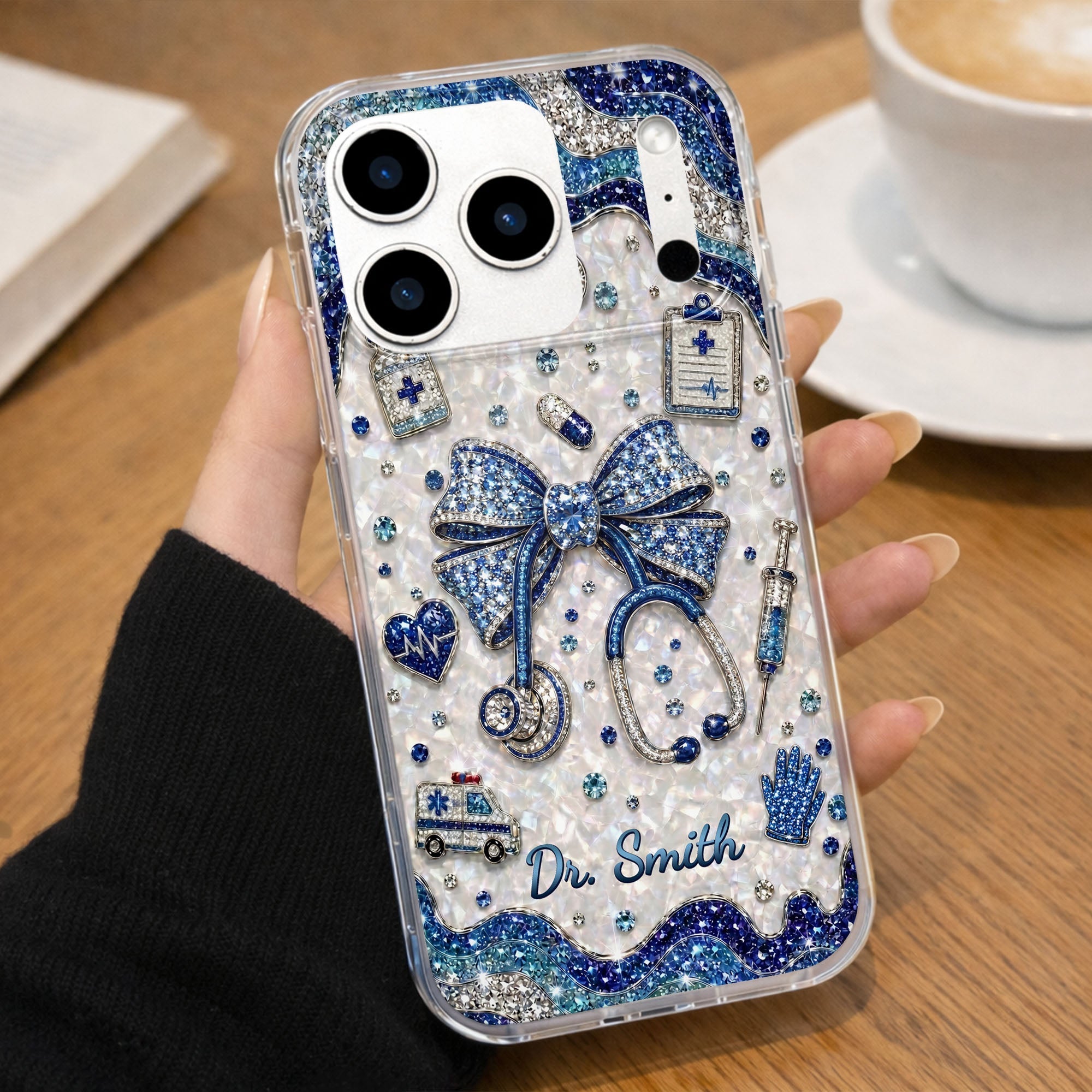 Personalized Clear Phone Case for Doctor with Blue Bow & 3D Icons