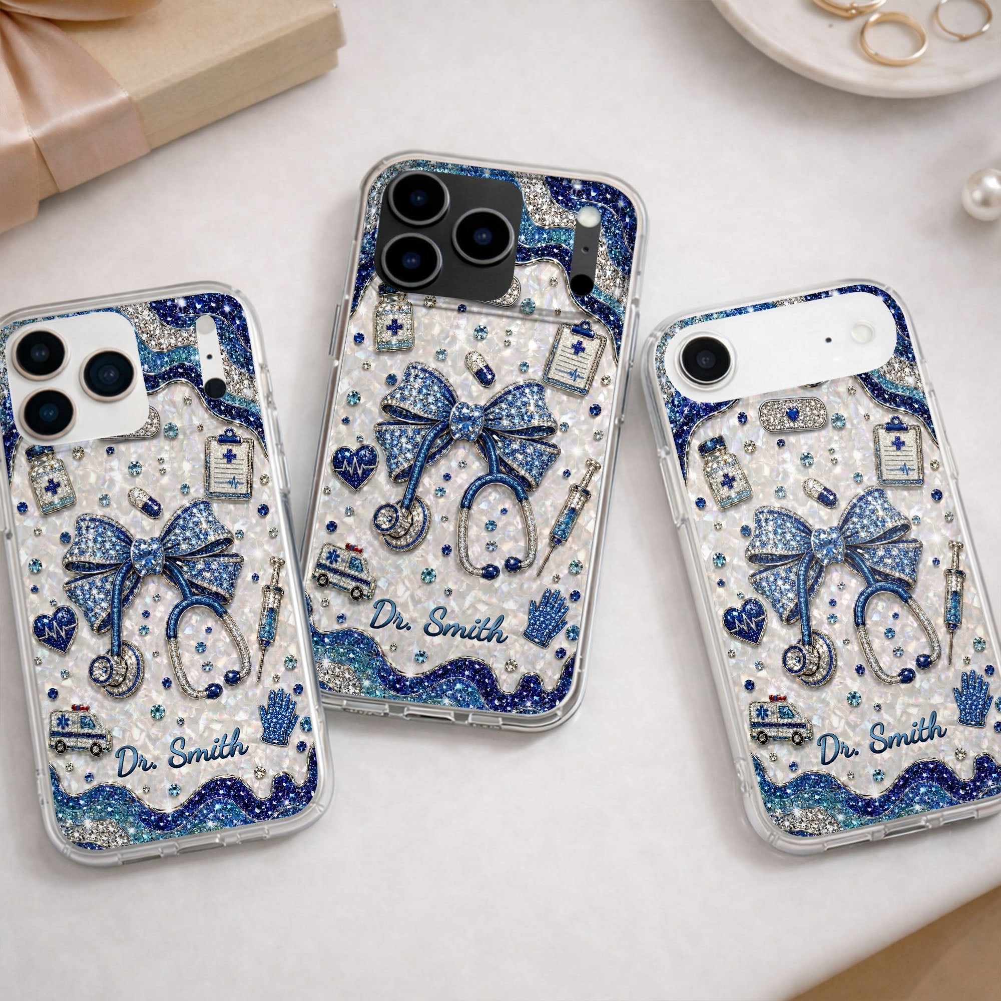 Personalized Clear Phone Case for Doctor with Blue Bow & 3D Icons
