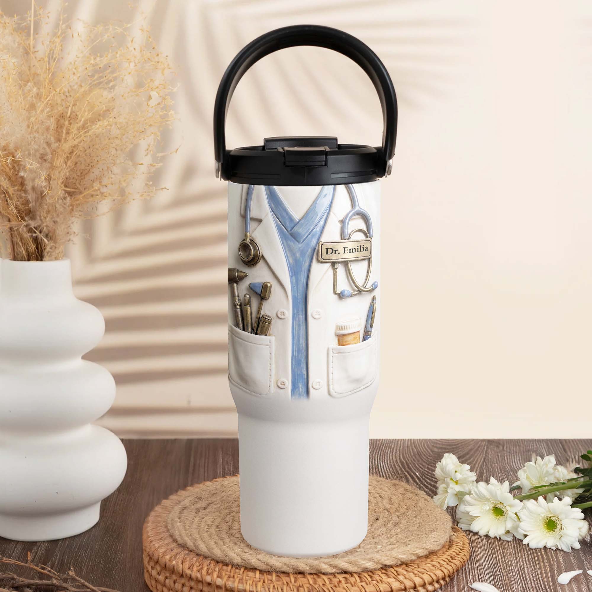 Personalized 30oz Tumbler with Handle for Doctors, Custom Name Gift