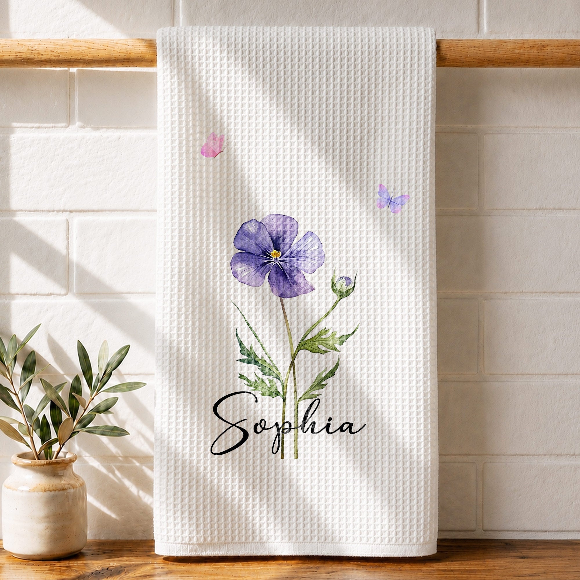 Personalized Birth Month Flower Kitchen Towel with Butterflies Gift for Mom, Bestie, or Daughter