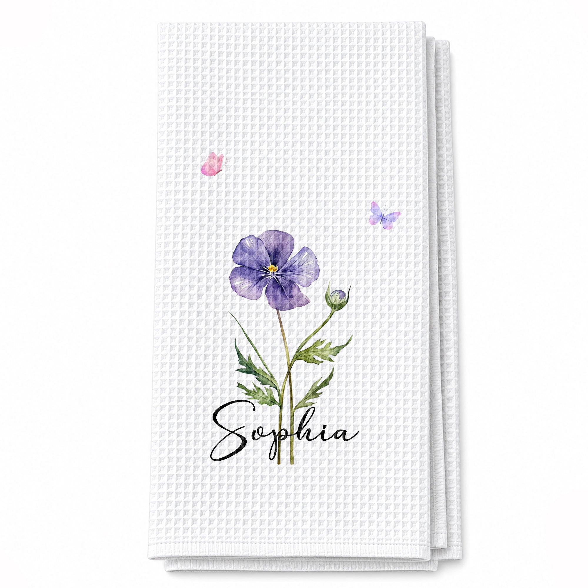 Personalized Birth Month Flower Kitchen Towel with Butterflies Gift for Mom, Bestie, or Daughter