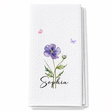 Load image into Gallery viewer, Personalized Birth Month Flower Kitchen Towel with Butterflies Gift for Mom, Bestie, or Daughter
