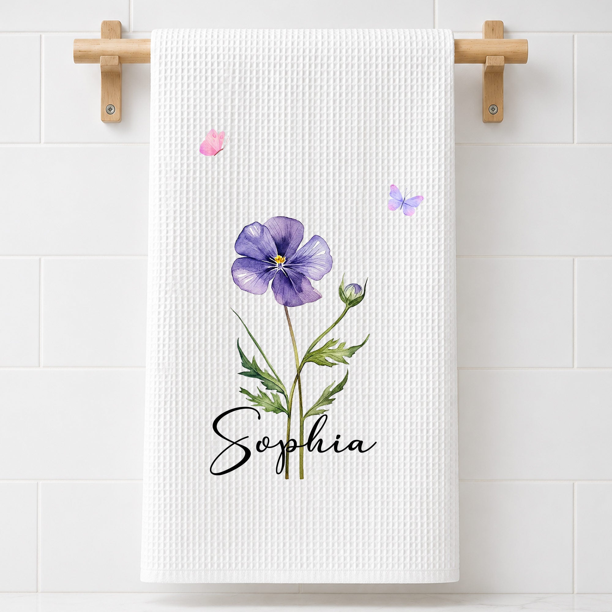 Personalized Birth Month Flower Kitchen Towel with Butterflies Gift for Mom, Bestie, or Daughter