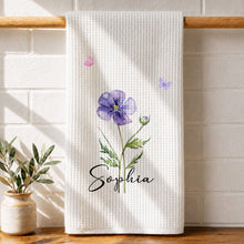 Load image into Gallery viewer, Personalized Birth Month Flower Kitchen Towel with Butterflies Gift for Mom, Bestie, or Daughter

