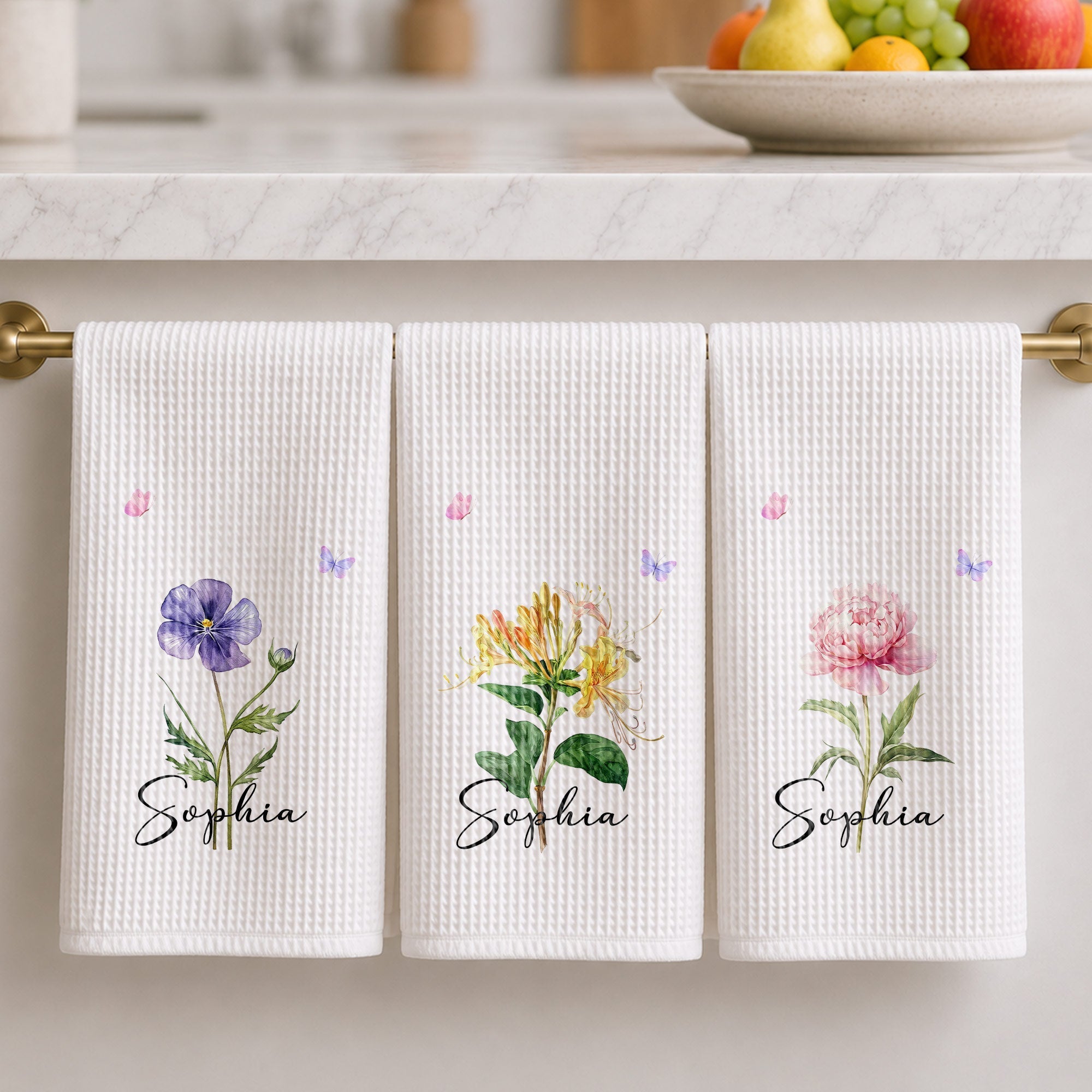 Personalized Birth Month Flower Kitchen Towel with Butterflies Gift for Mom, Bestie, or Daughter
