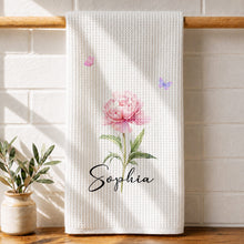Load image into Gallery viewer, Personalized Birth Month Flower Kitchen Towel with Butterflies Gift for Mom, Bestie, or Daughter
