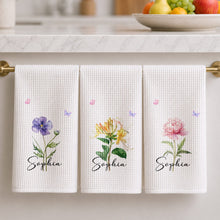 Load image into Gallery viewer, Personalized Birth Month Flower Kitchen Towel with Butterflies Gift for Mom, Bestie, or Daughter
