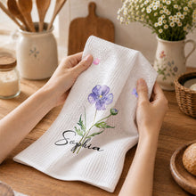 Load image into Gallery viewer, Personalized Birth Month Flower Kitchen Towel with Butterflies Gift for Mom, Bestie, or Daughter
