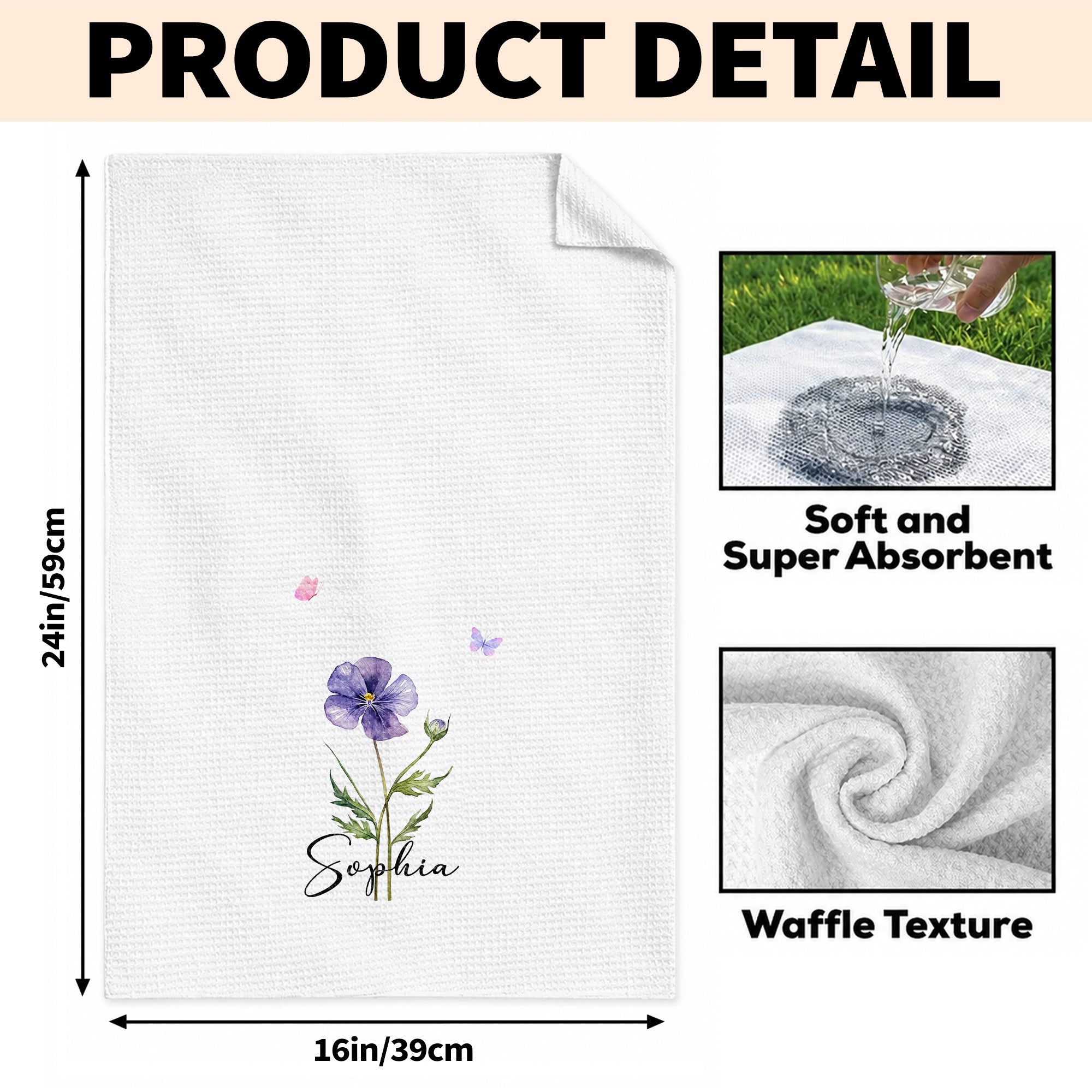 Personalized Birth Month Flower Kitchen Towel with Butterflies Gift for Mom, Bestie, or Daughter