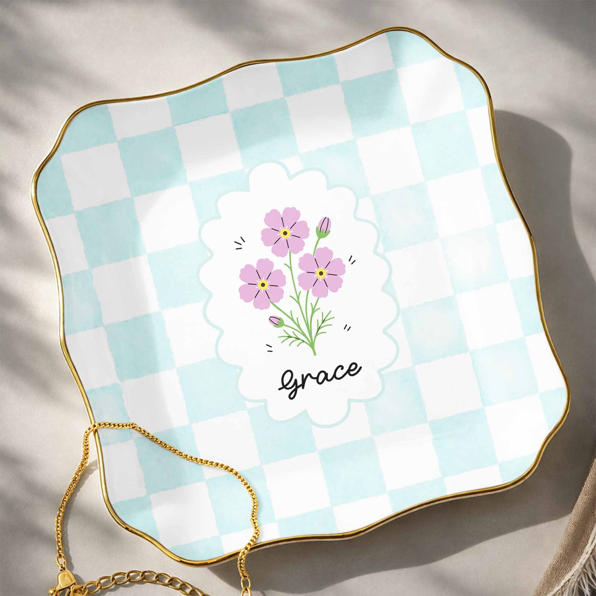 Personalized Lace Jewelry Dish with Birth Month Flowers Gift for Women