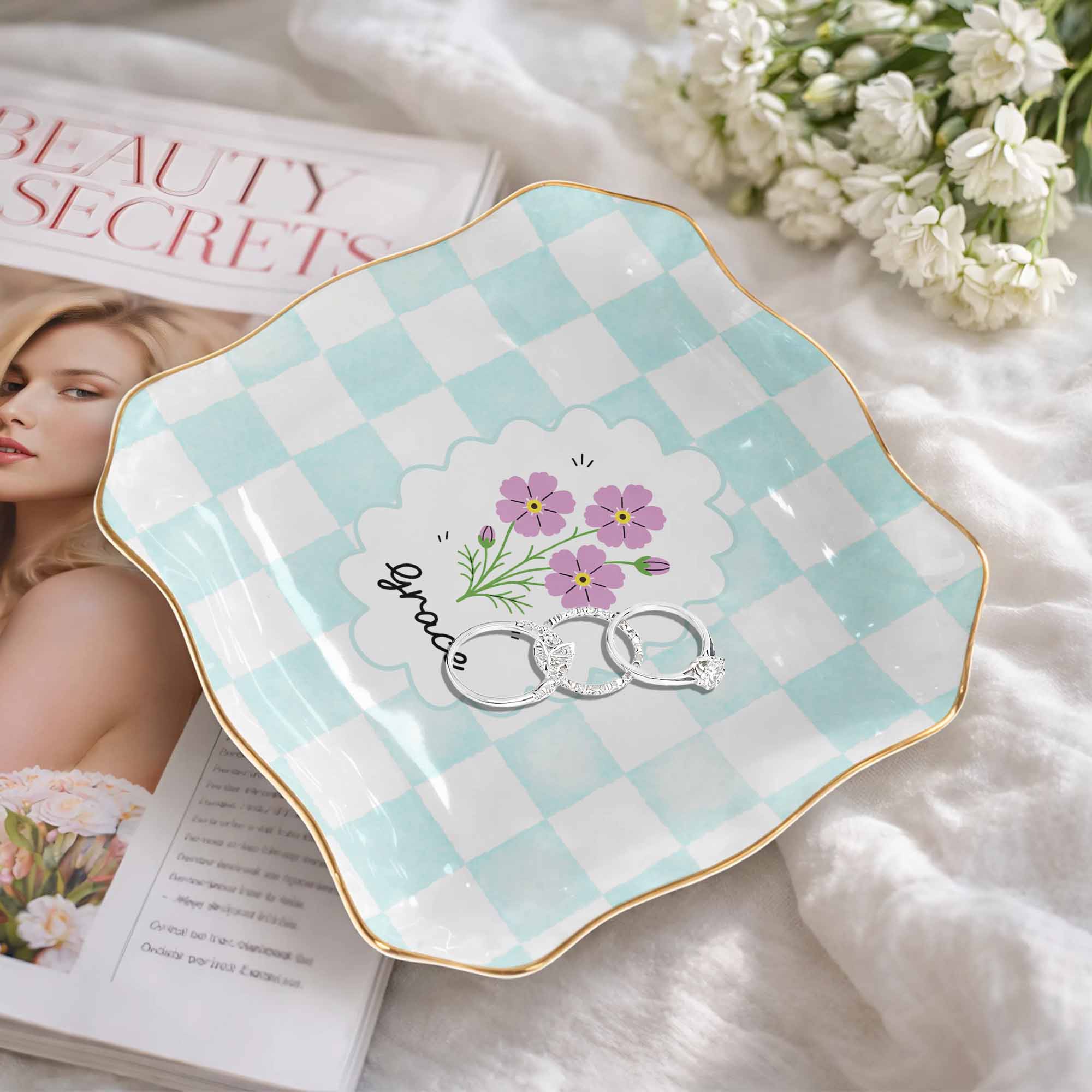 Personalized Lace Jewelry Dish with Birth Month Flowers Gift for Women
