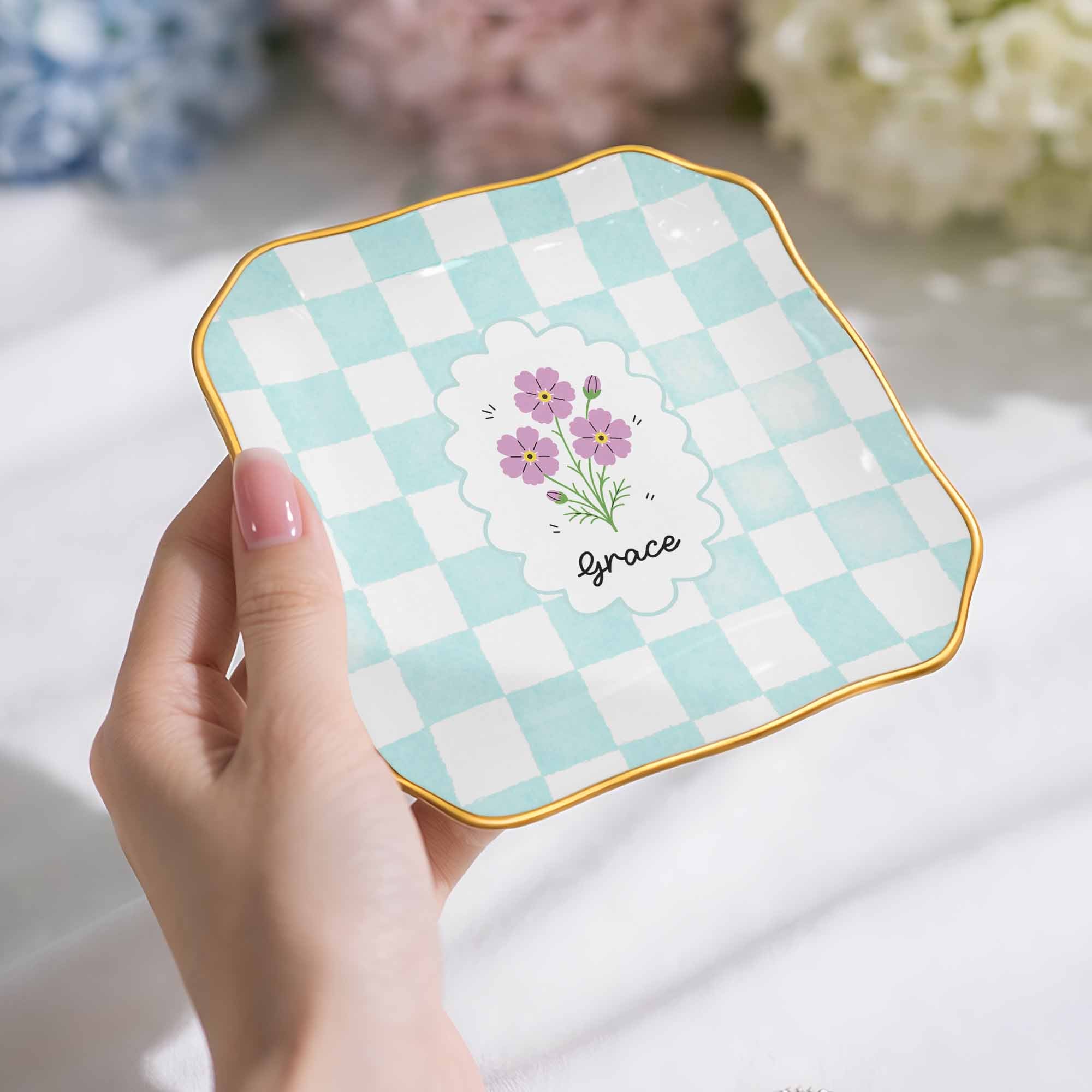 Personalized Lace Jewelry Dish with Birth Month Flowers Gift for Women