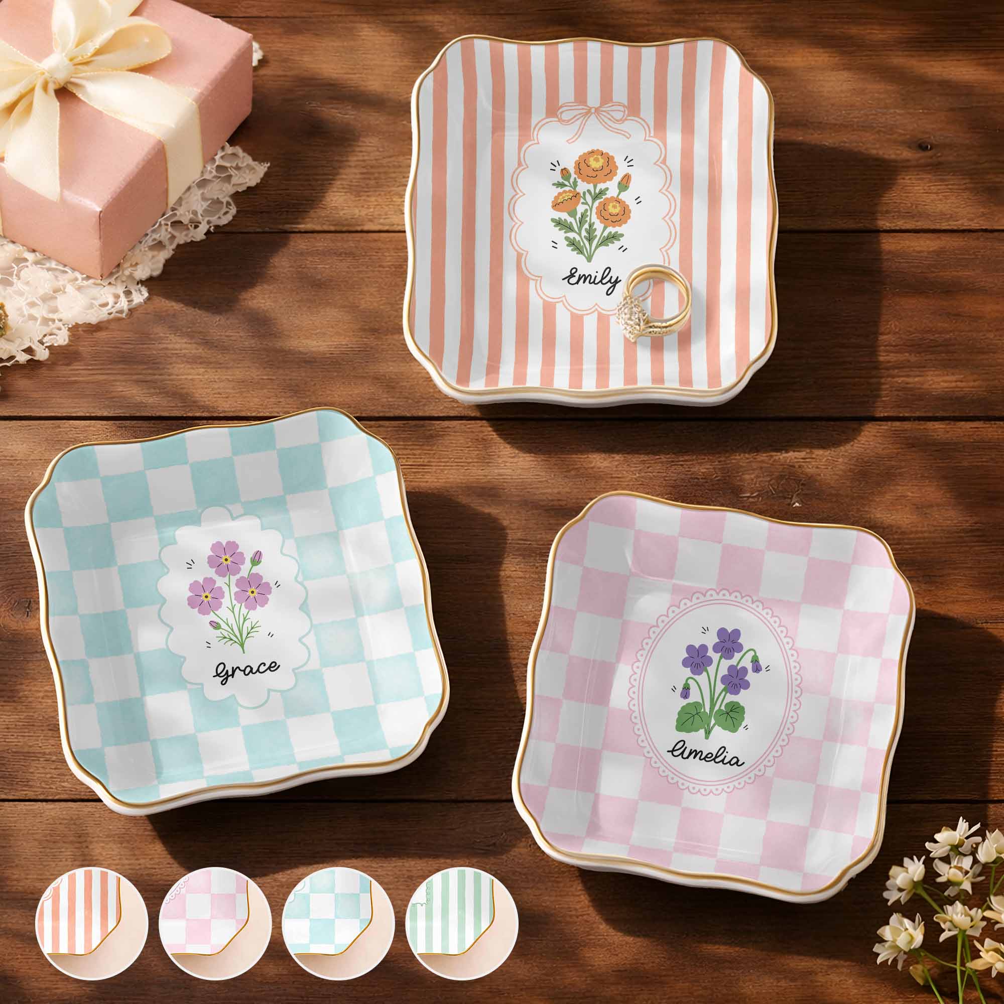 Personalized Lace Jewelry Dish with Birth Month Flowers Gift for Women
