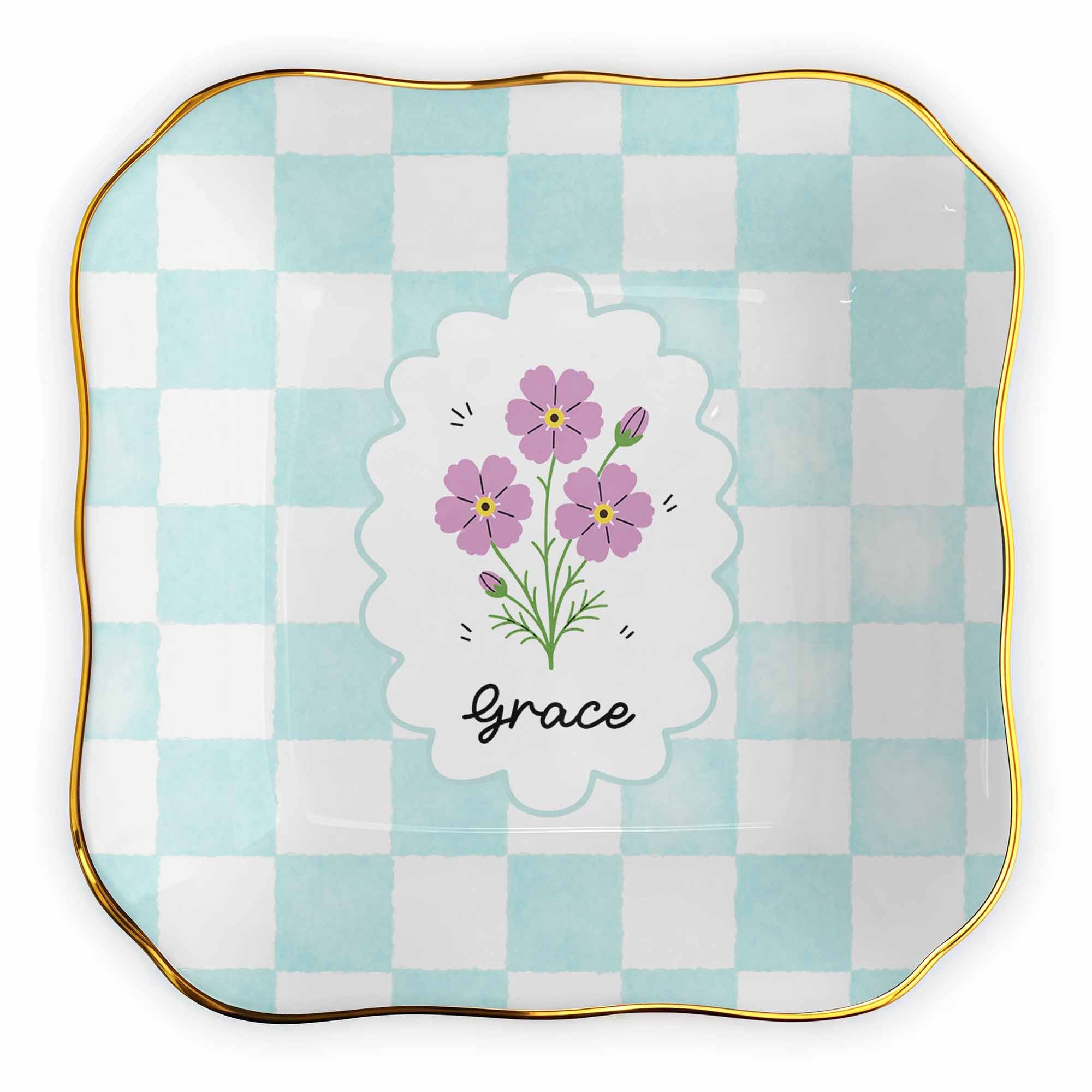 Personalized Lace Jewelry Dish with Birth Month Flowers Gift for Women