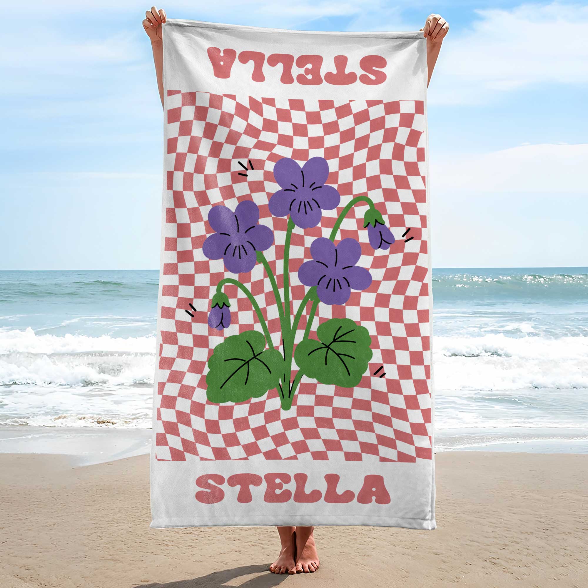 Personalized Beach Towel Custom Name Birth Month Flowers Gift for Mom