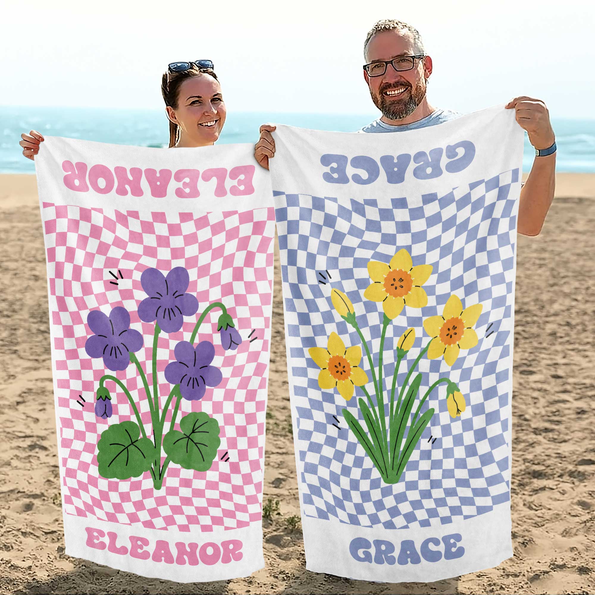 Personalized Beach Towel Custom Name Birth Month Flowers Gift for Mom