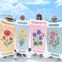 Load image into Gallery viewer, Personalized Beach Towel Custom Name Birth Month Flowers Gift for Mom
