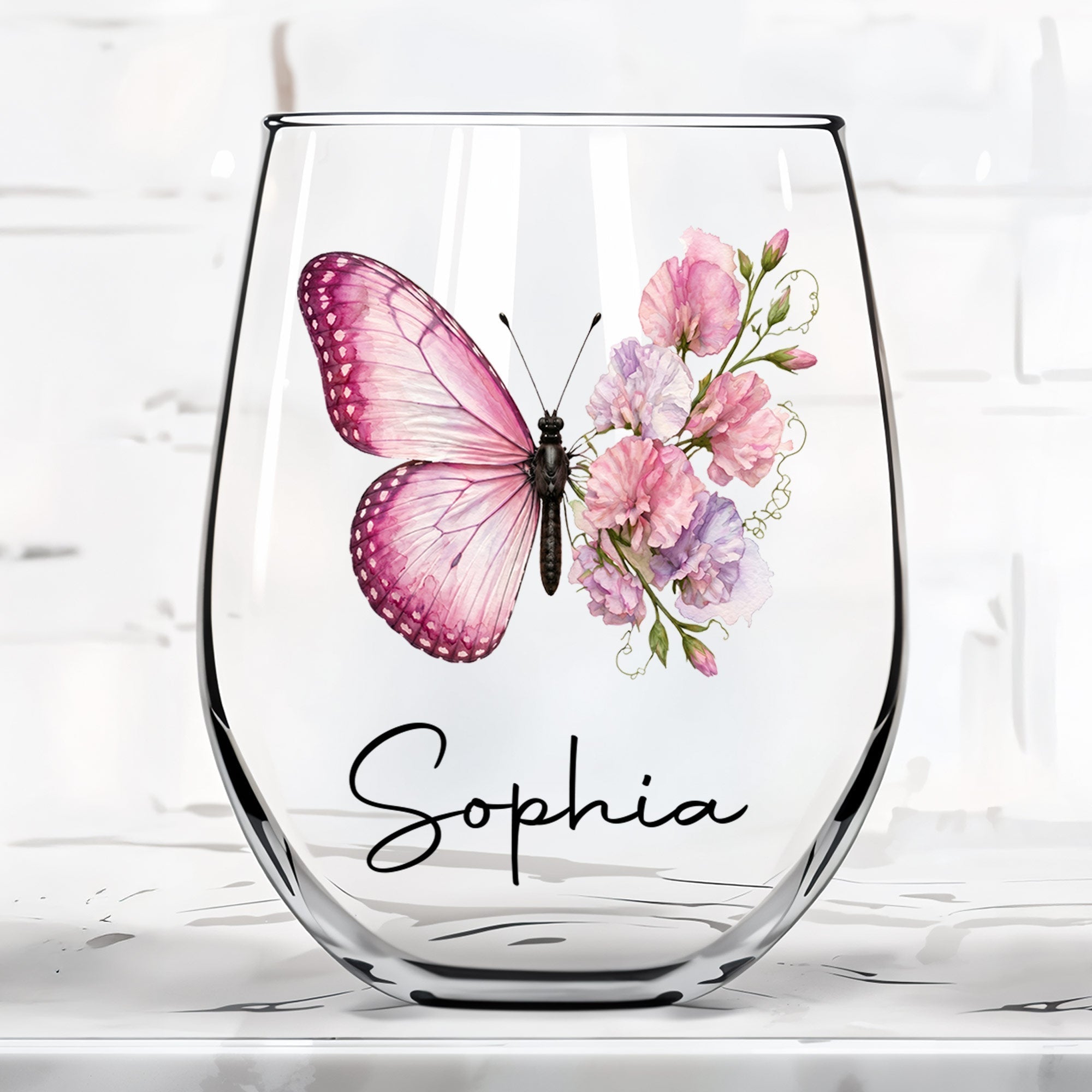 Personalized Stemless Wine Glass Custom Birth Month Flower Gift for Her