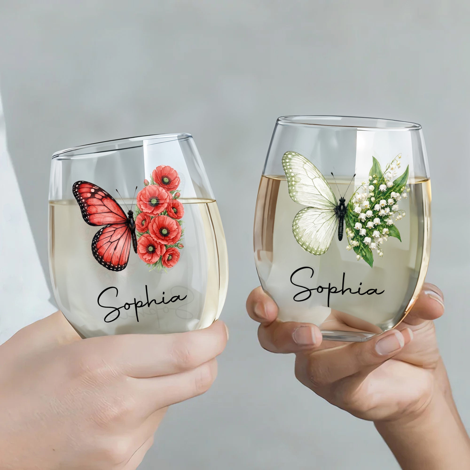 Personalized Stemless Wine Glass Custom Birth Month Flower Gift for Her