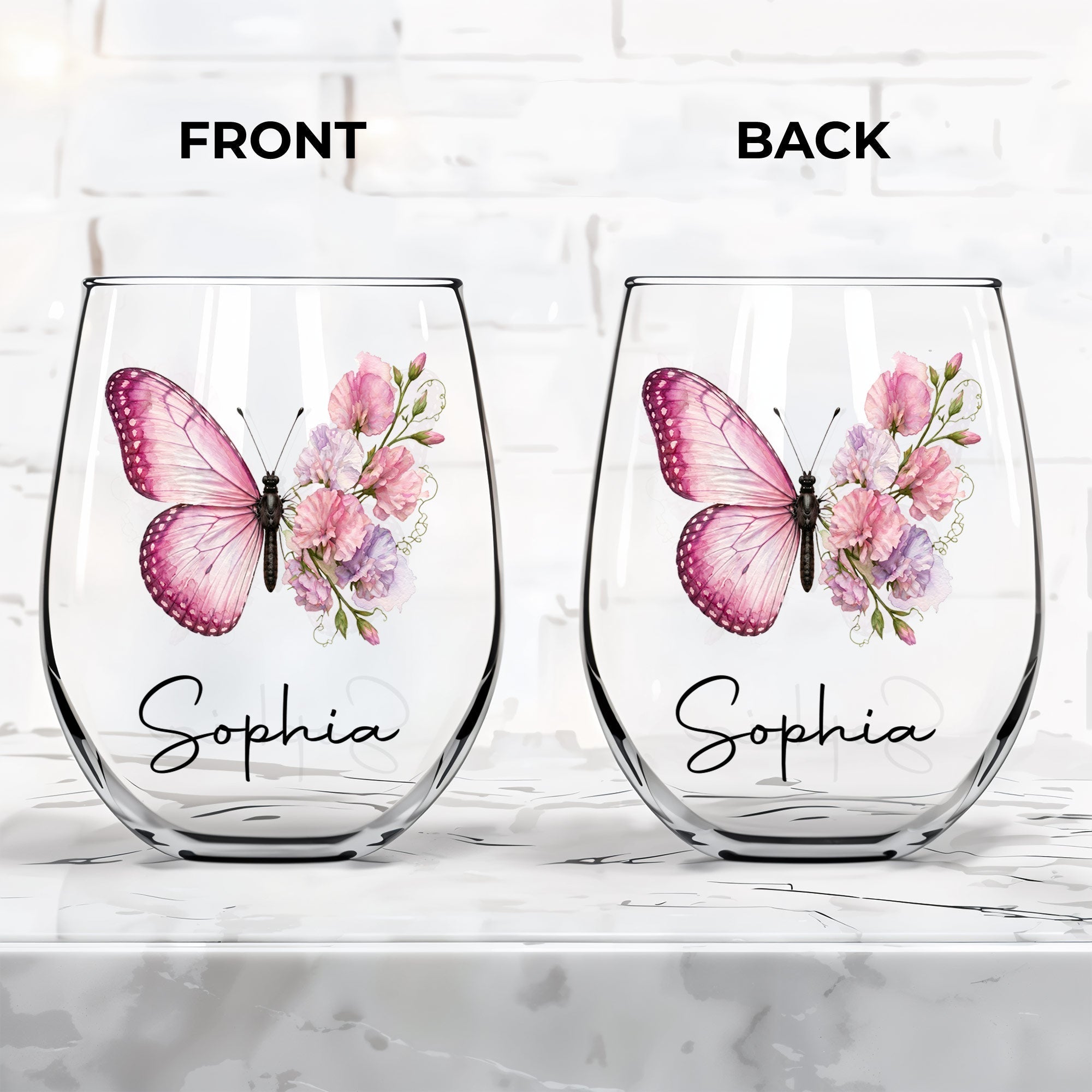 Personalized Stemless Wine Glass Custom Birth Month Flower Gift for Her