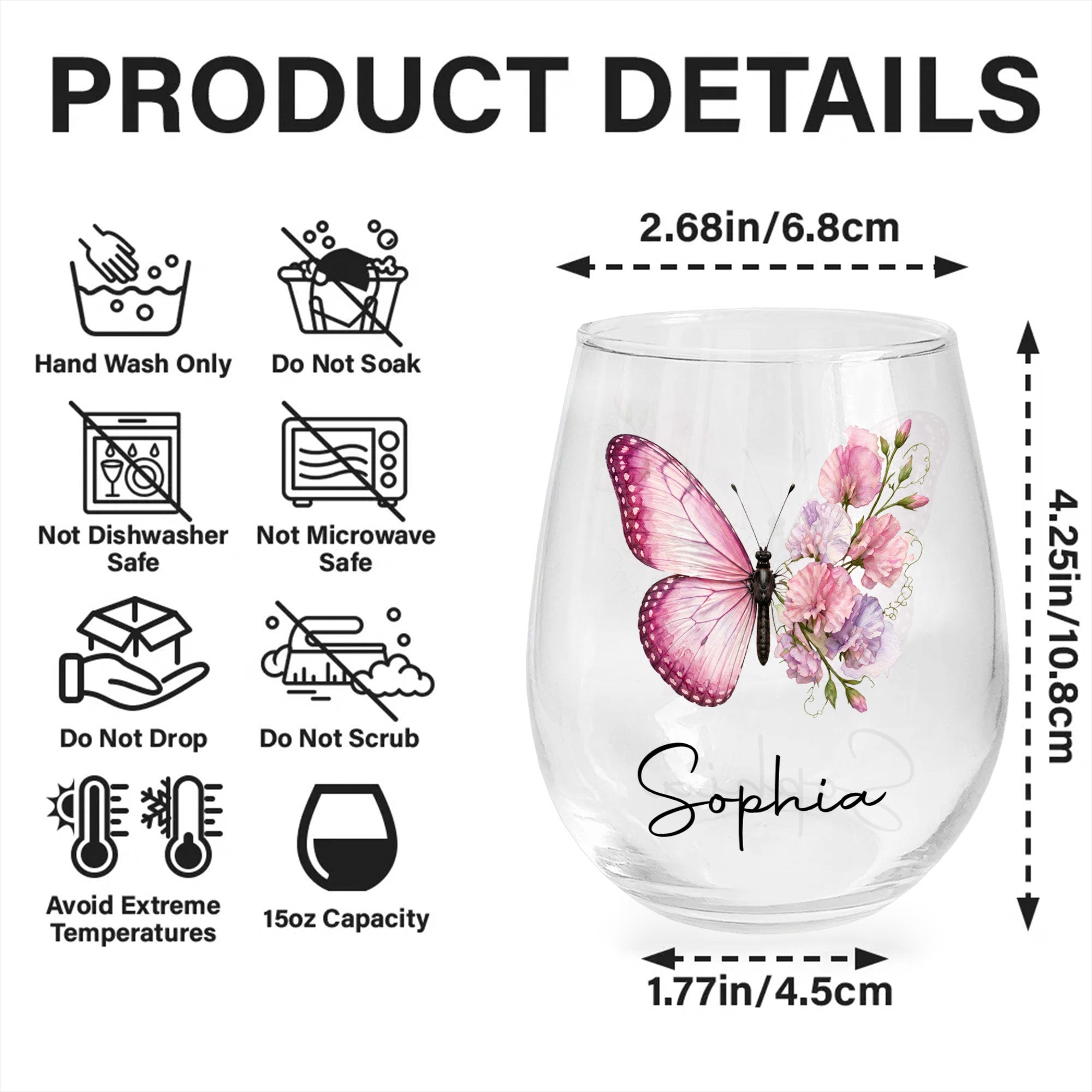 Personalized Stemless Wine Glass Custom Birth Month Flower Gift for Her