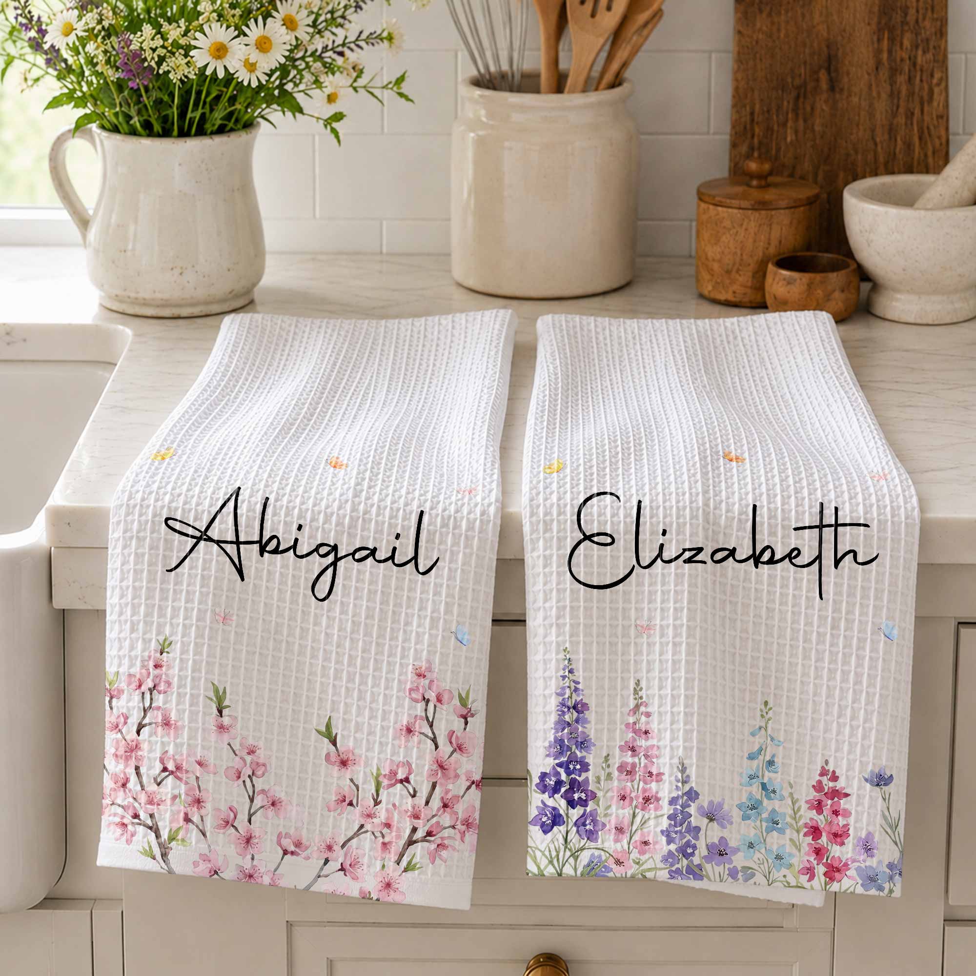 Personalized Kitchen Towel with Birth Month Flowers for Her