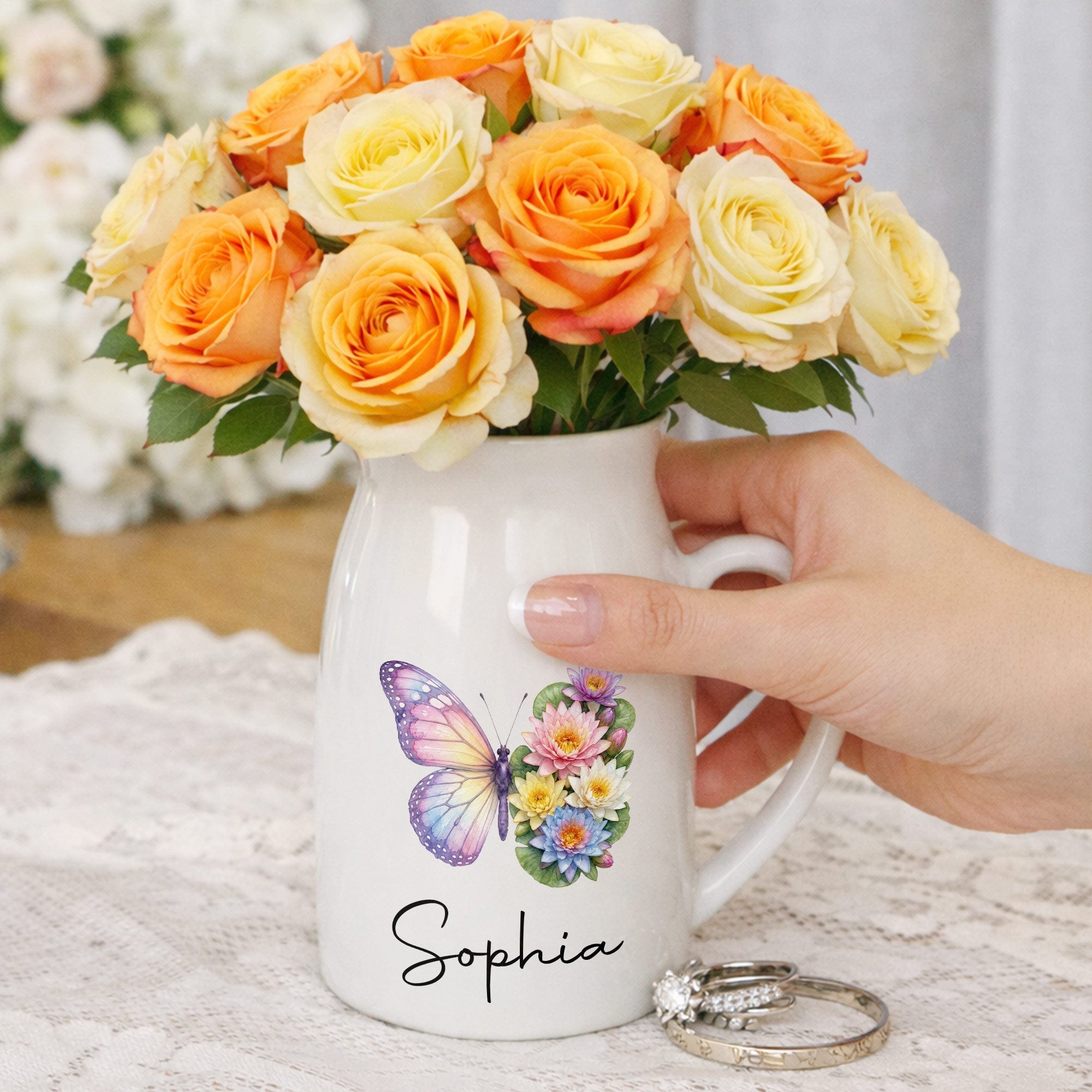 Personalized Butterfly Ceramic Flower Vase Custom Name Gift