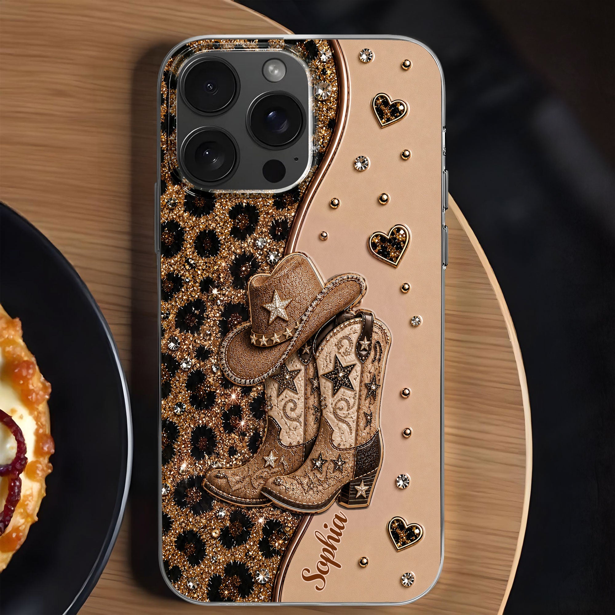 Personalized Clear Phone Case with Cowgirl Boots & Hat Glitter for Her