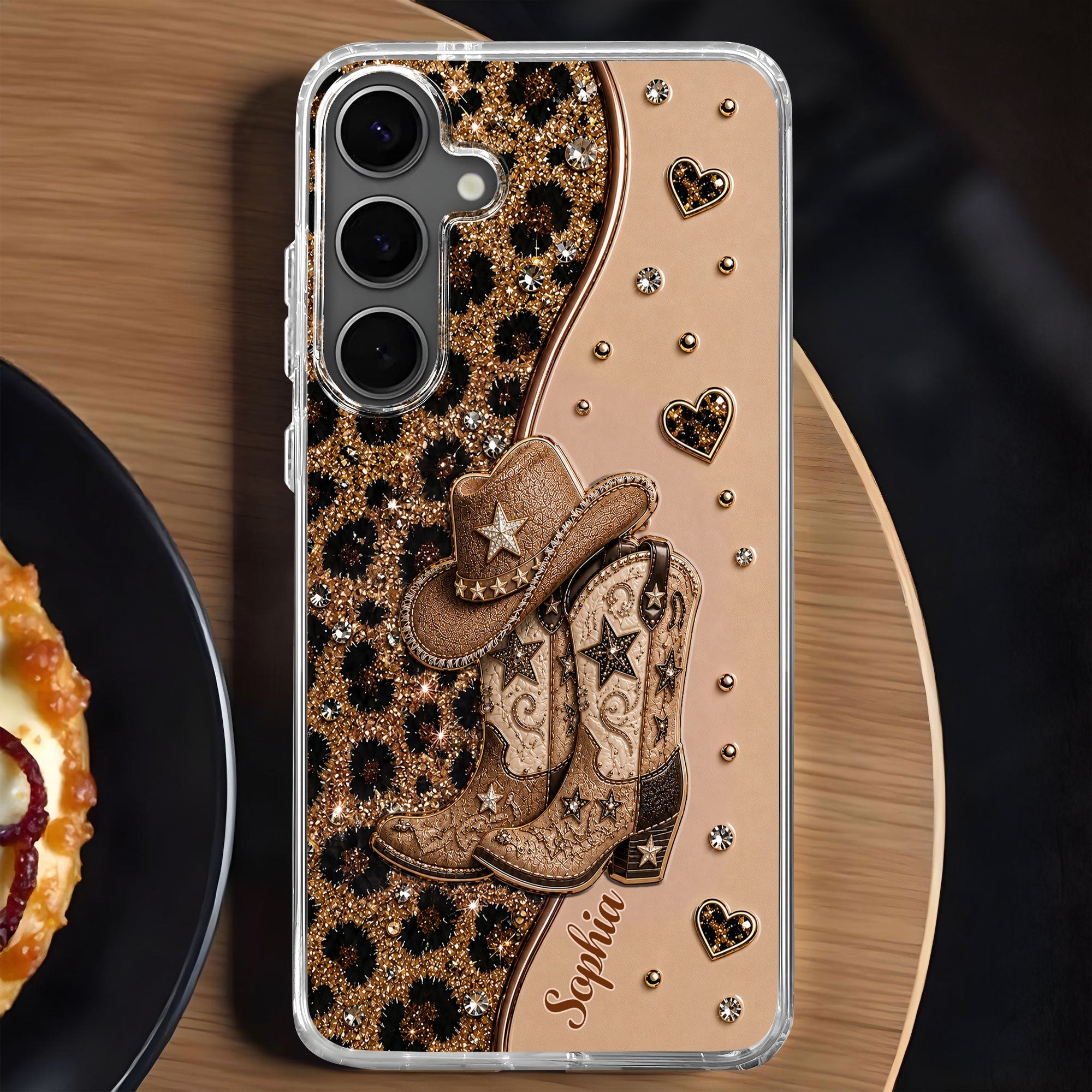 Personalized Clear Phone Case with Cowgirl Boots & Hat Glitter for Her