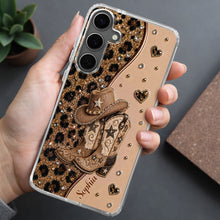 Load image into Gallery viewer, Personalized Clear Phone Case with Cowgirl Boots &amp; Hat Glitter for Her
