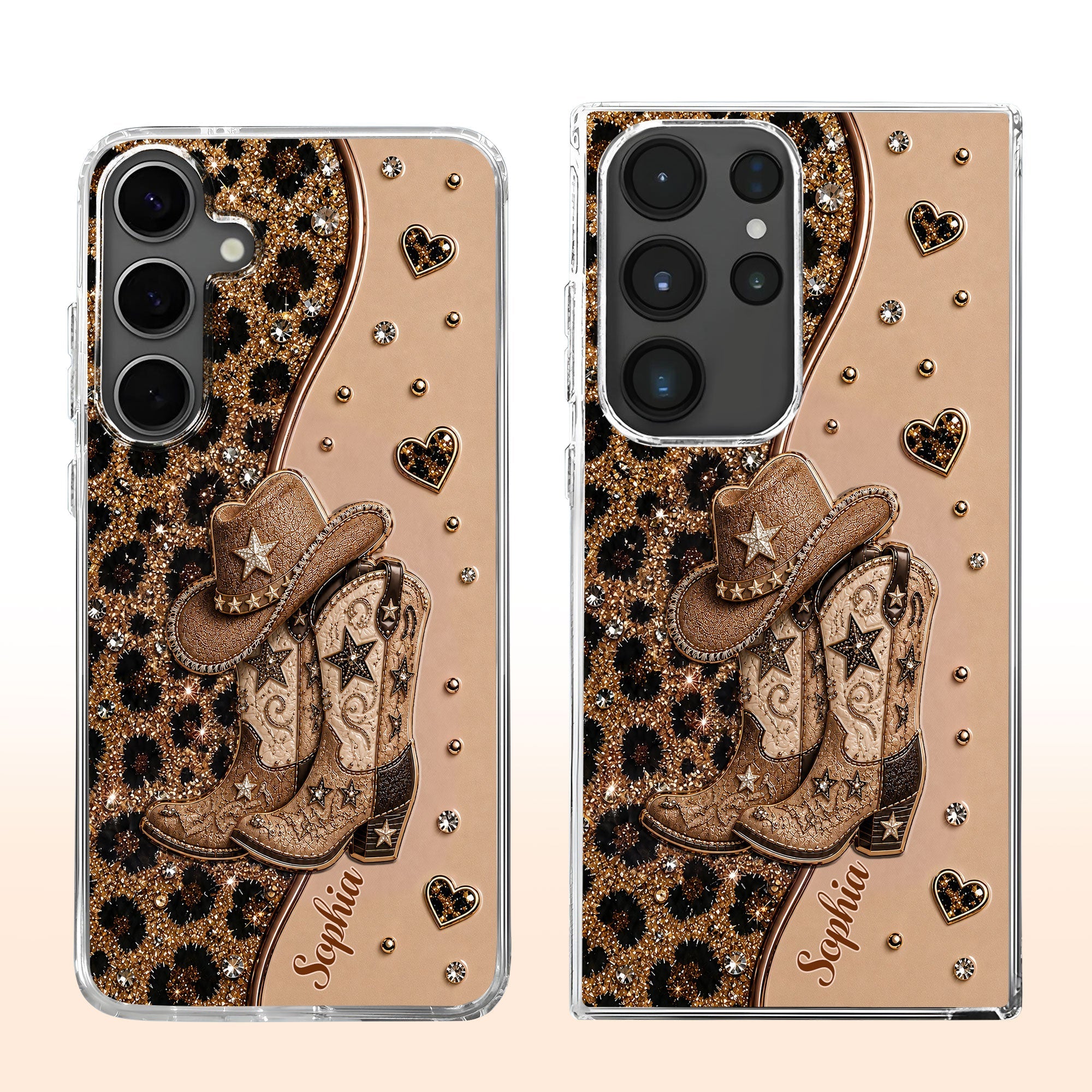Personalized Clear Phone Case with Cowgirl Boots & Hat Glitter for Her