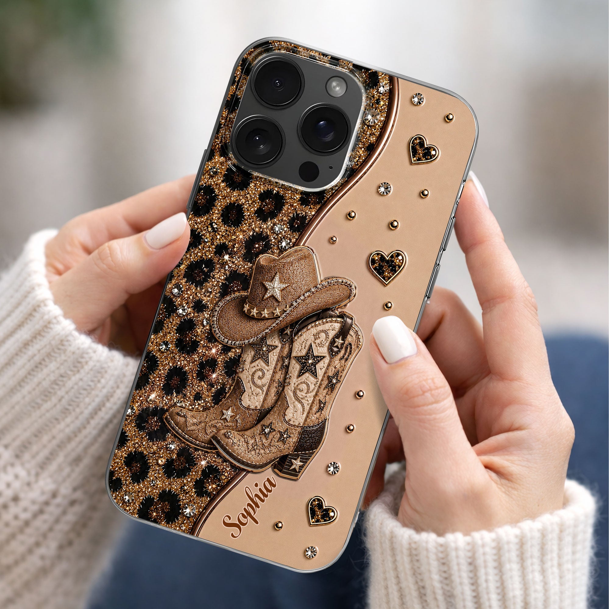 Personalized Clear Phone Case with Cowgirl Boots & Hat Glitter for Her