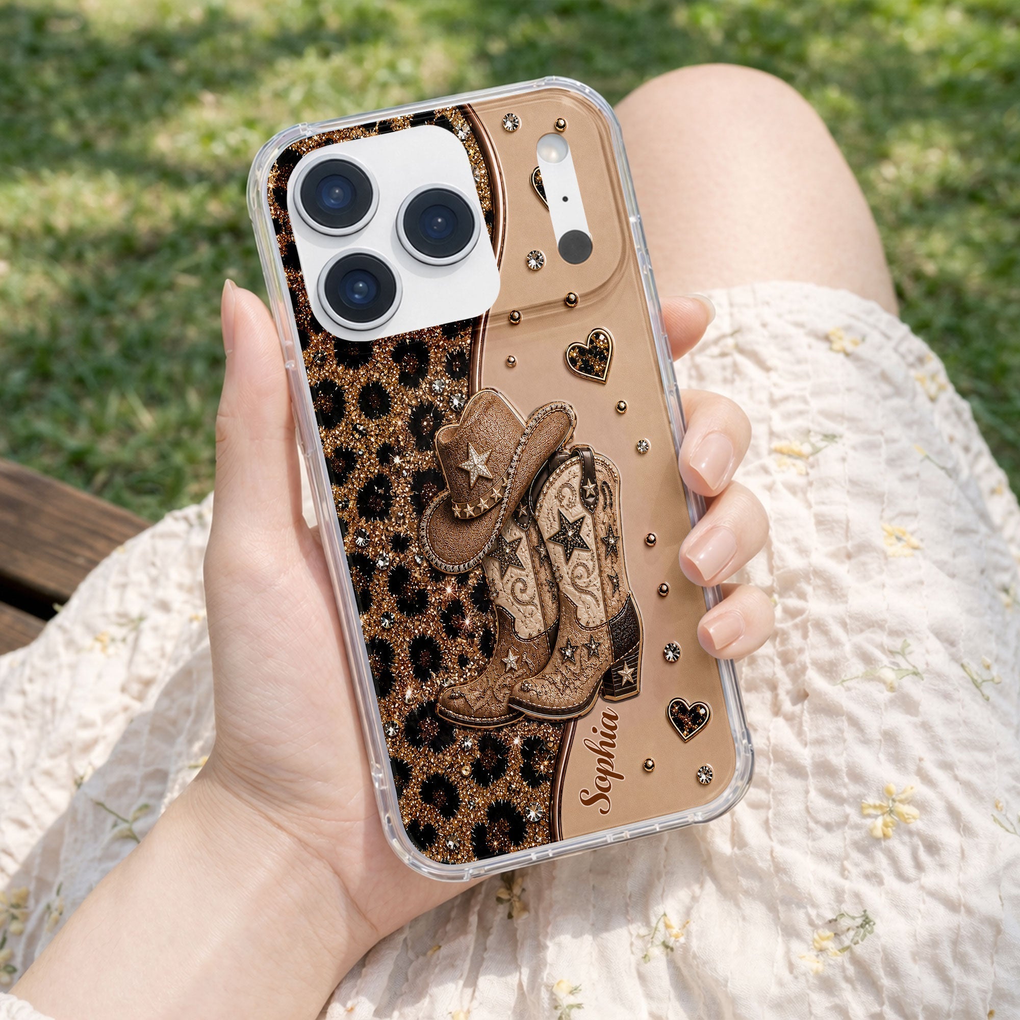 Personalized Clear Phone Case with Cowgirl Boots & Hat Glitter for Her