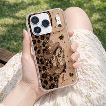 Load image into Gallery viewer, Personalized Clear Phone Case with Cowgirl Boots &amp; Hat Glitter for Her

