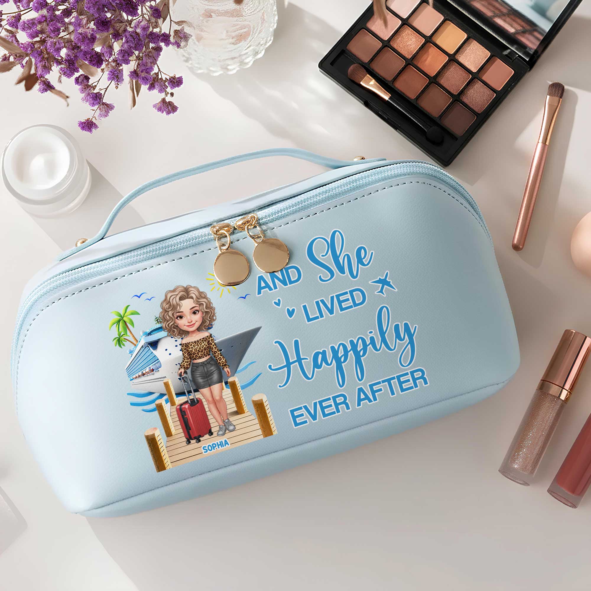 Personalized Faux Leather Makeup Bag Custom Name Travel Gift for Women