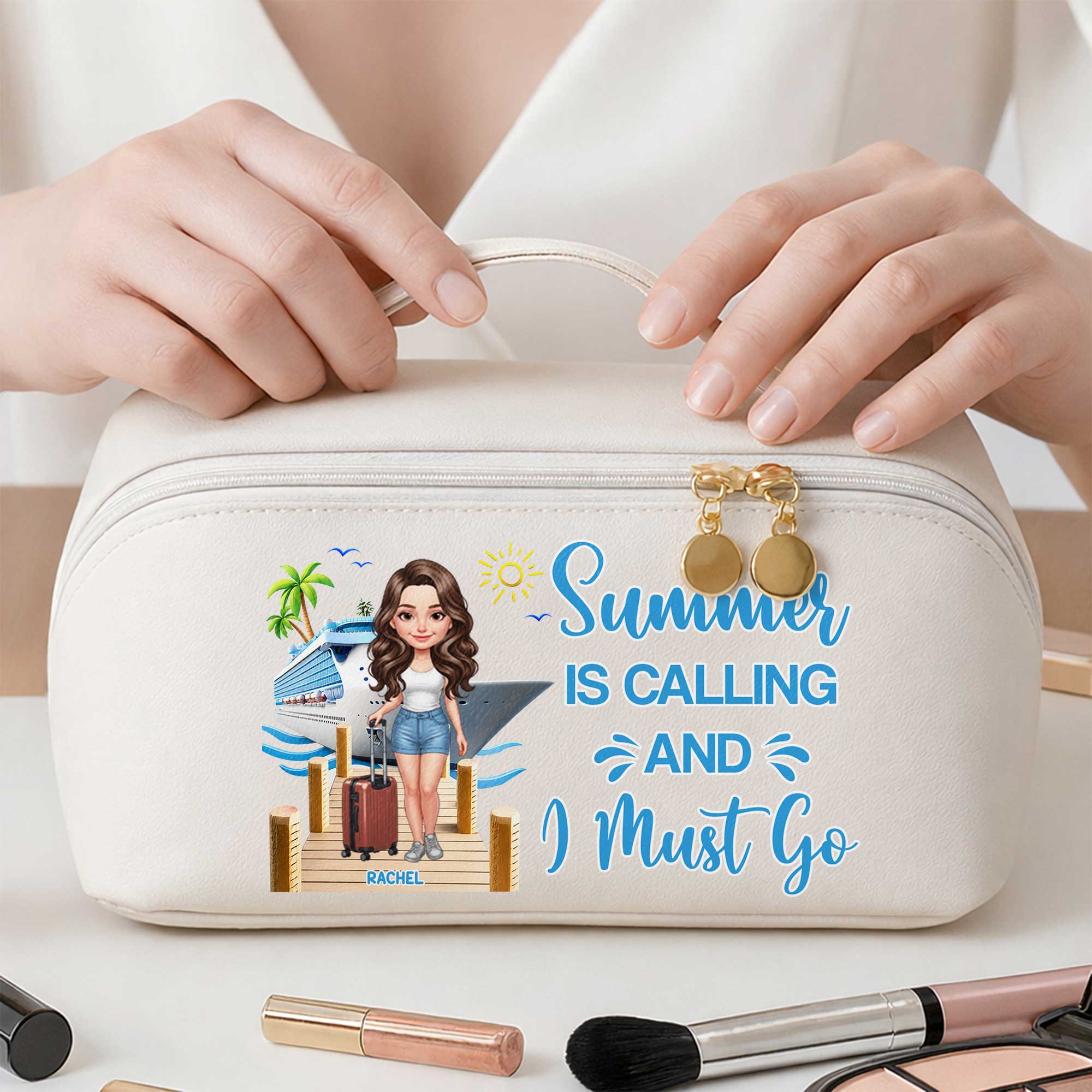 Personalized Faux Leather Makeup Bag Custom Name Travel Gift for Women